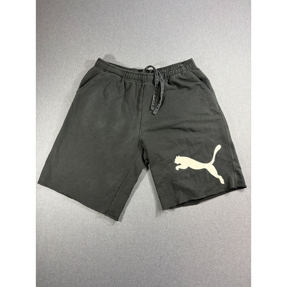 Puma Mens Large Black Sweat Shorts Big Logo Athletic Gym Drawstring Raw Hem